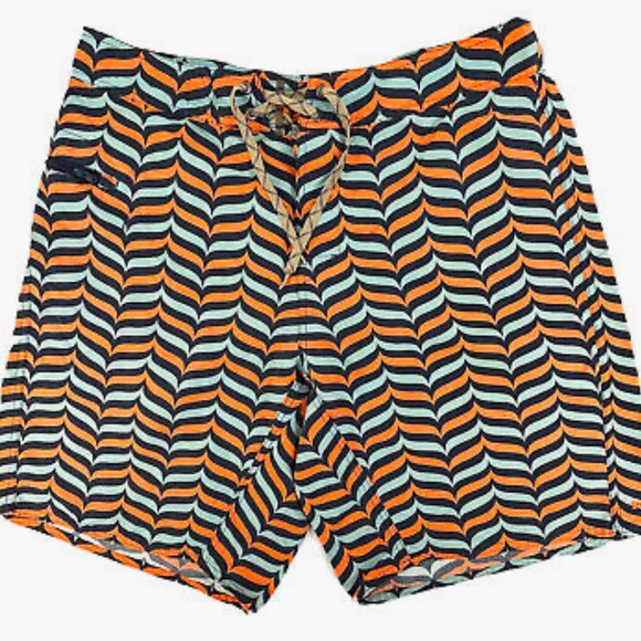 Patagonia Wavefarer Men’s Board Shorts Sz 36 Orange & Blue Print Surf Resortwear - Picture 1 of 9
